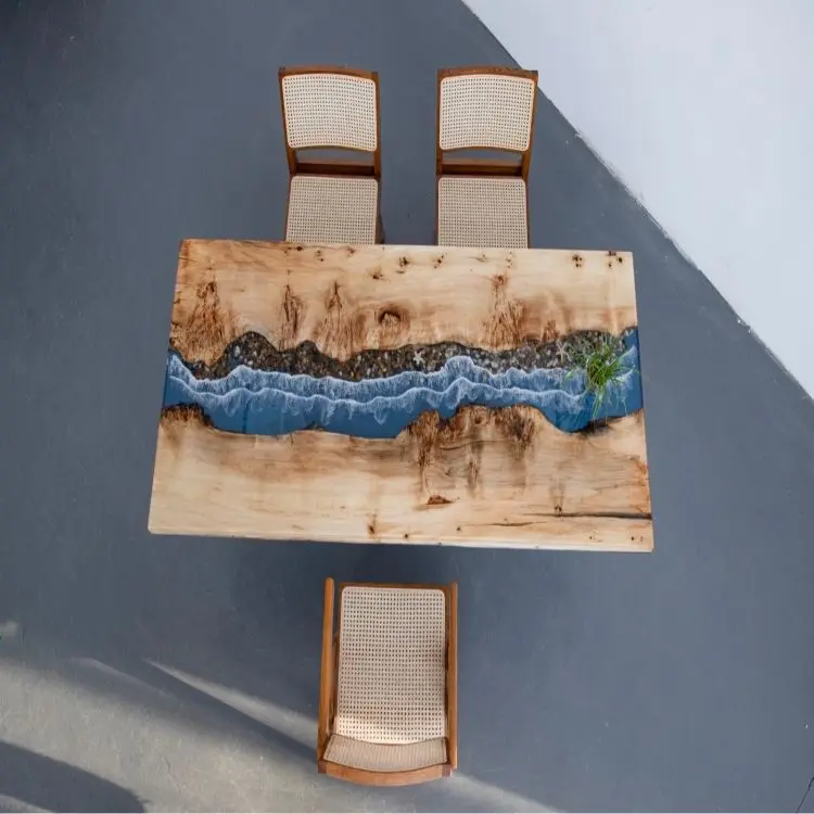 Live Edge Office & Dining Table with Artistic River Design Burl Maple Blue Epoxy Resin Wood Table