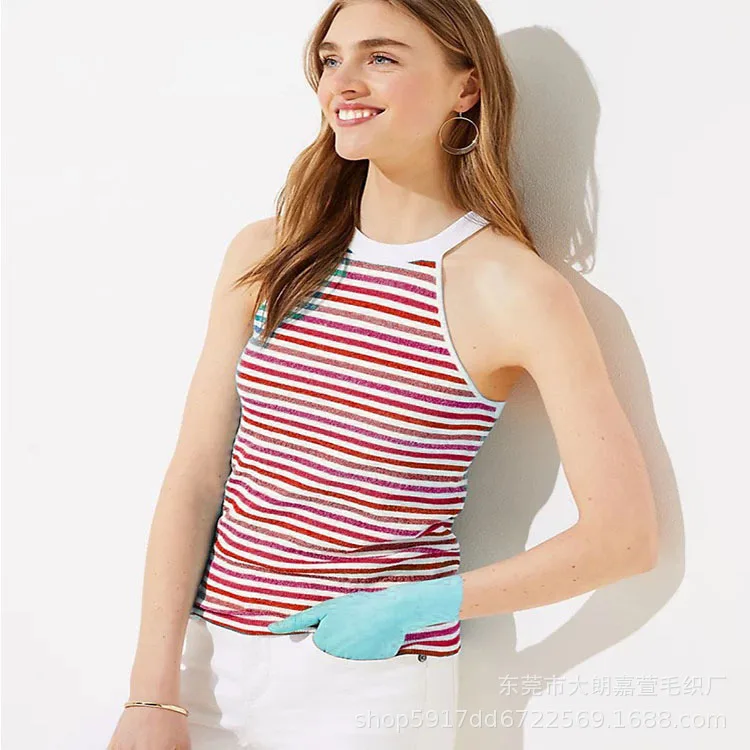 

Knitted Straight Striped Suspender Neck Tank Top Pullovers Sexy Loose Sleeveless Knit Sweater