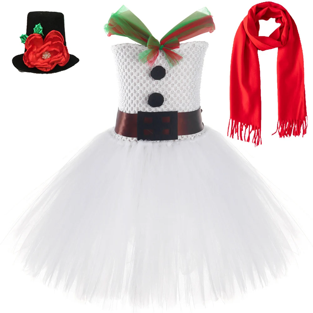 White Snowman Christmas Costumes for Girls Xmas Party Dresses Gift for Kids New Year Outfit Princess Ballet Tutus with Hat Scarf 2