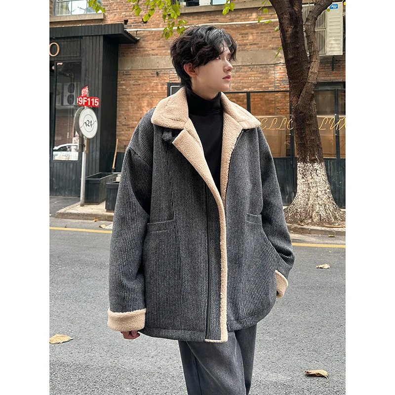 Men Winter Berber Fleece Jacket Parka Coat Mens Multi-pockets Stand Collar Casual Thick Warm Jacket Man Khaki/Dark Gray