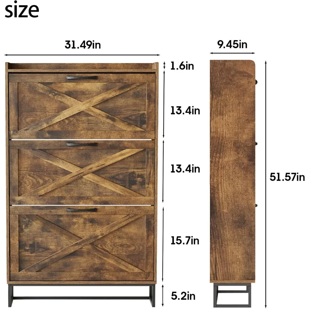 Schoenenkast, 3 Uitklapbare Laden, Zelfstandige Organizer, Metalen Poten Voor Ingang, Smalle Schoenenrekkast, Rustiek Bruin