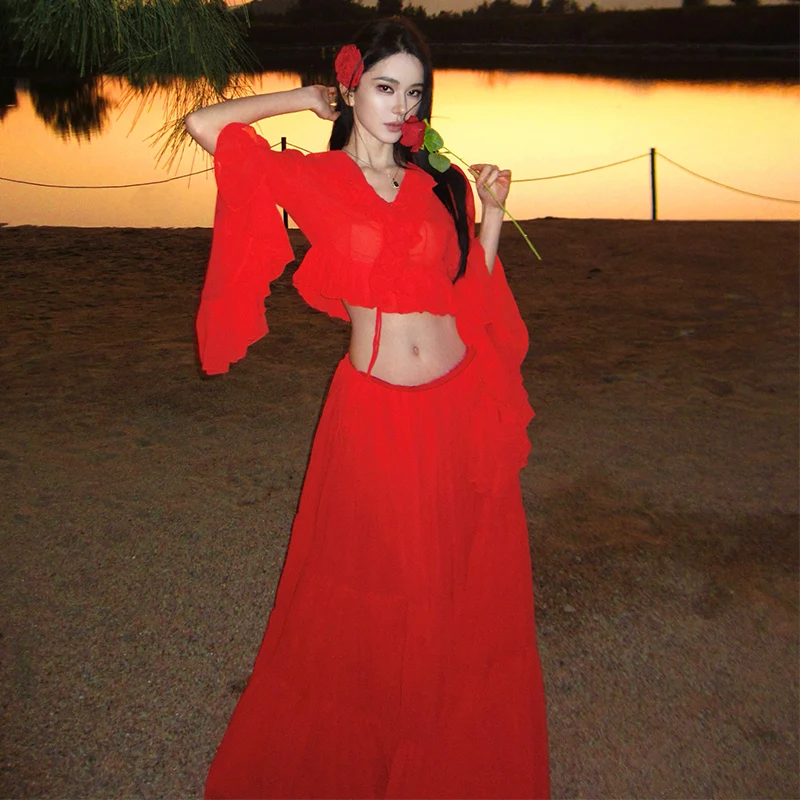 

2026 Travell Style Tyrande Red Ruffled Top For Seaside Photo Shoot Dressed Vacation Style Suit Chiffon Skirt Two-piece