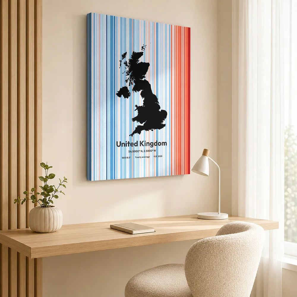 United Kingdom Climate Stripes Map Gallery Wrapped Canvas Print Customized Photo Warming Color Bands Wall Art For Home Office