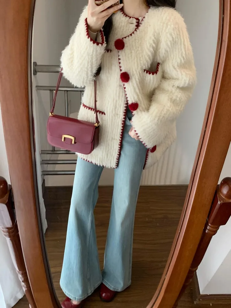 Pelliccia di agnello ort Jaet da donna in pelle e pelliccia intrecciata piccola fraanza Sle autunno e inverno sensazione di fascia alta