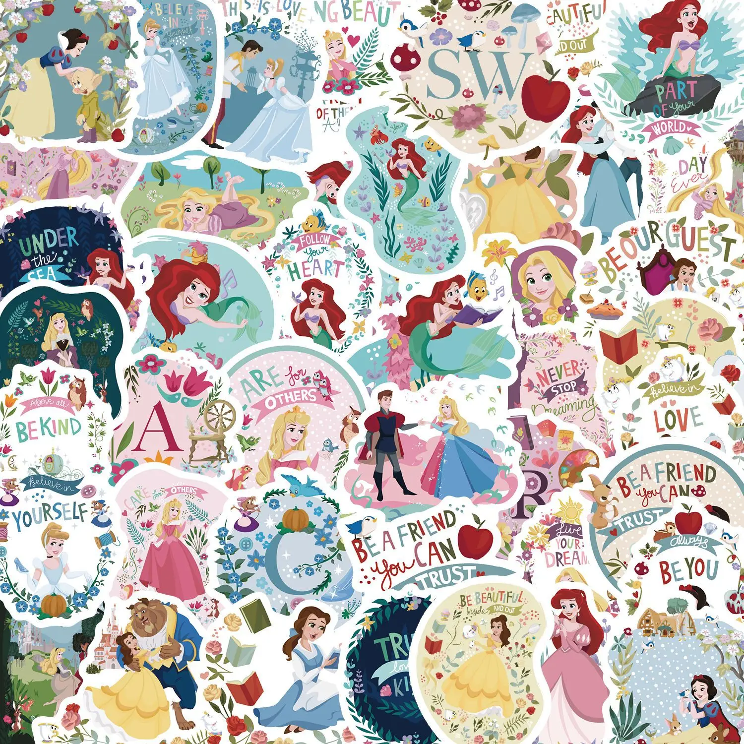 60 Mixed Disney Princess Stickers Cartoon & Anime Waterproof Kids Toy Stickers & Doodles - Suitable for Luggage Decoration