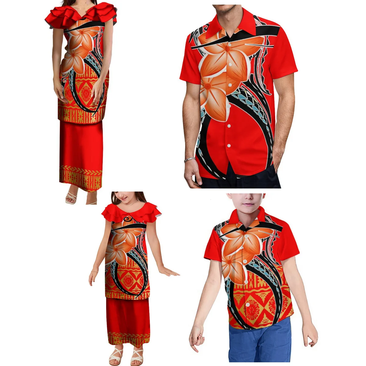 2024 New Family Fitting Four-Piece Elegant Dress For Women Girls Pretaxi Clothing Tonga And Men Boys Shirt Polynesian Design