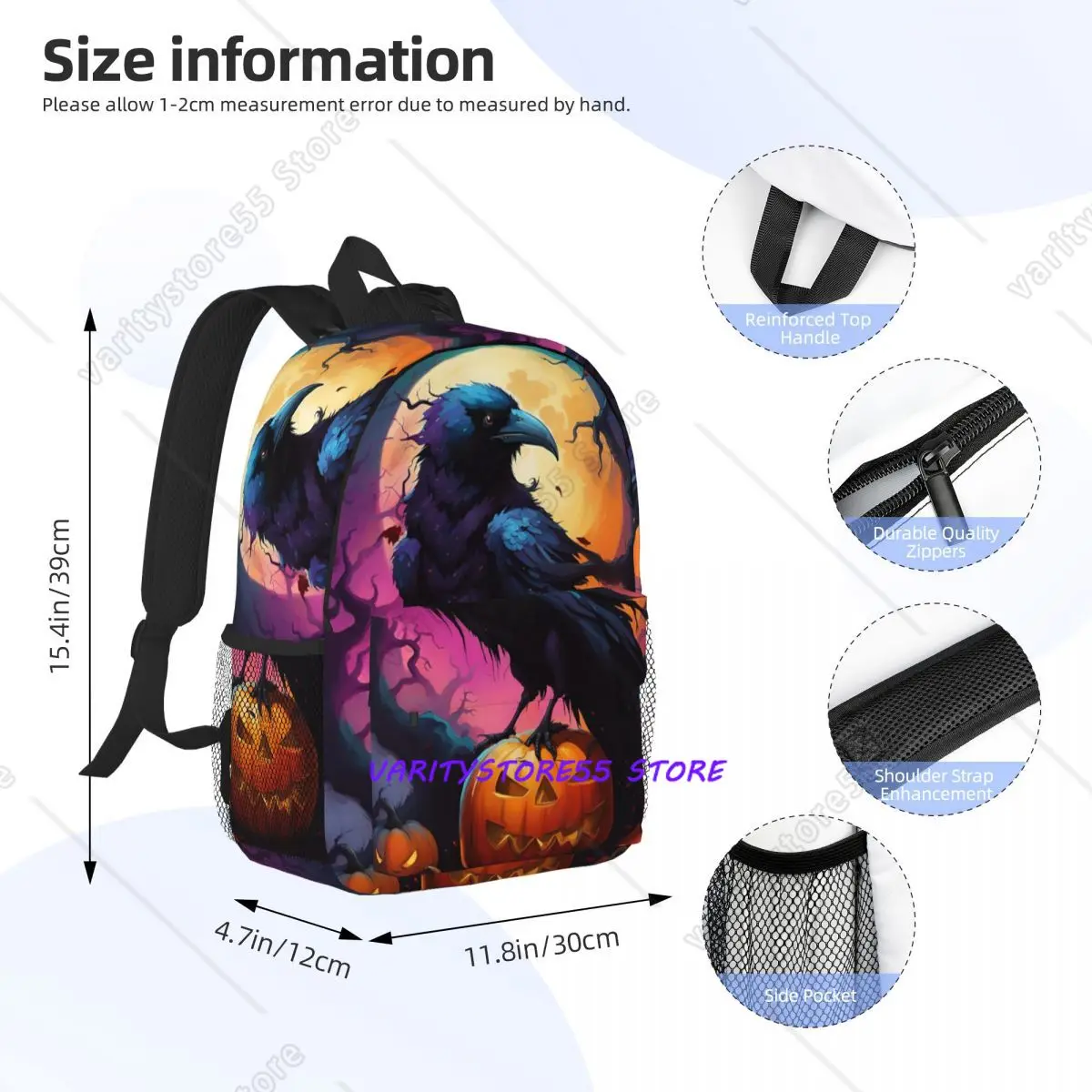 Raven Rage Halloween Witch Gothic Scary Crow Backpack Hot Sale Daypack Boys Girls BookBag Shoulder Bags for Men Women School Bag