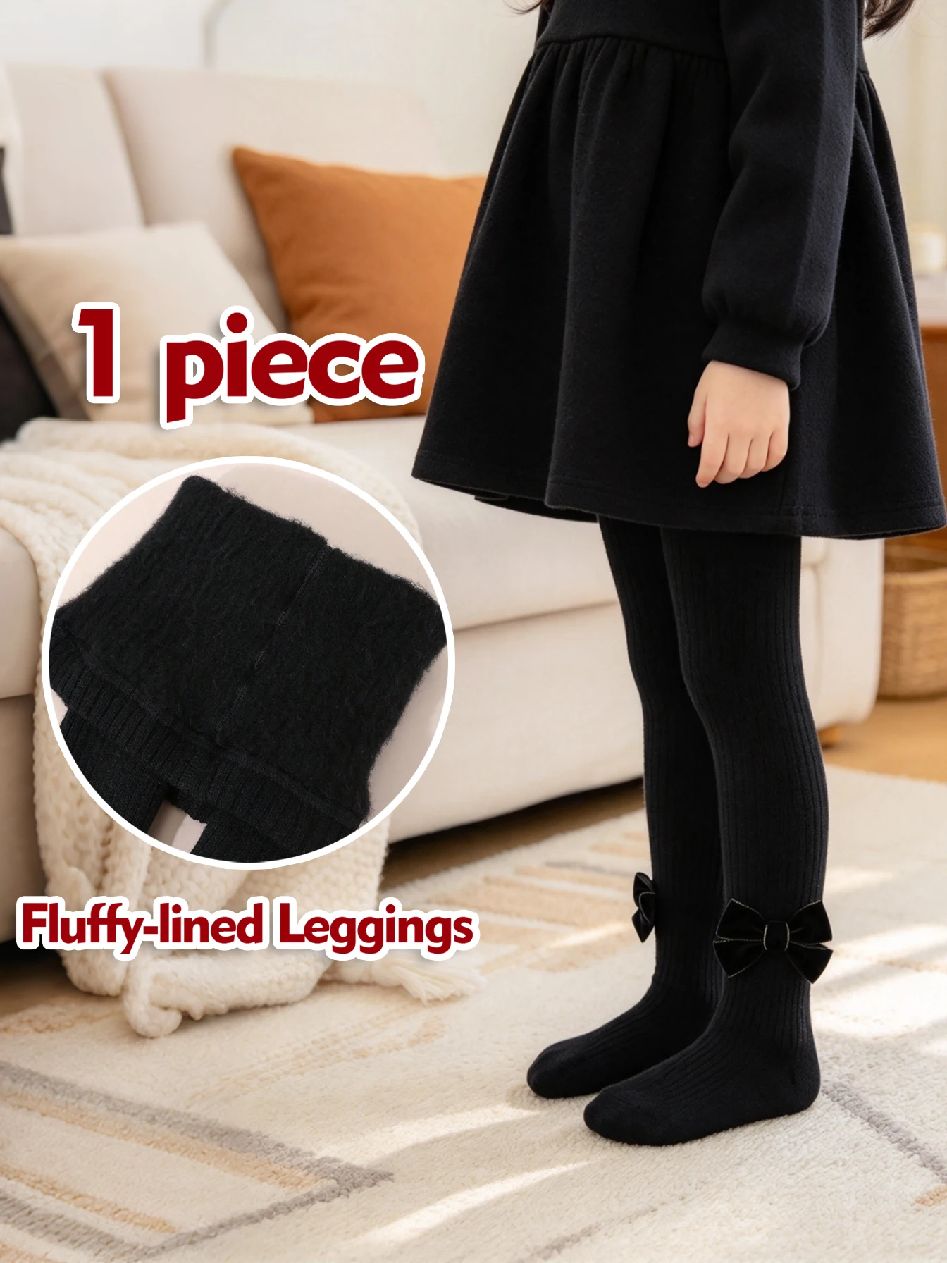 1Pc Girls Ribbed Fluffy Lined Tights Bow Decor Warm Elastic Kids Pantyhose, Autumn Winter Daily Dress Matching Children Outfits