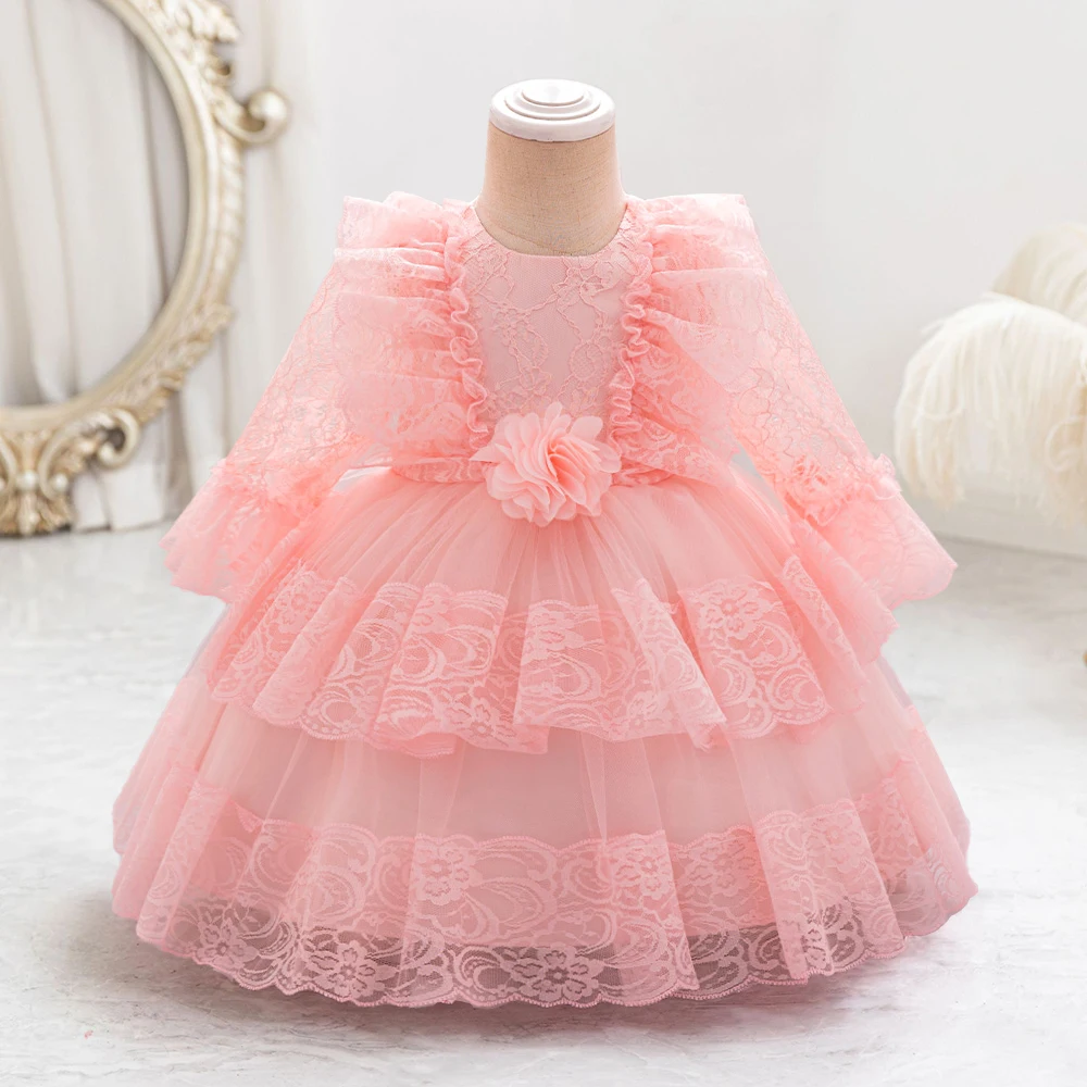 

Summer Long Sleeve 1 Year Birthday Dress For Baby Girl Clothes Peah pink Princess Dress Baptism Girls Dresses Floral Party Gown