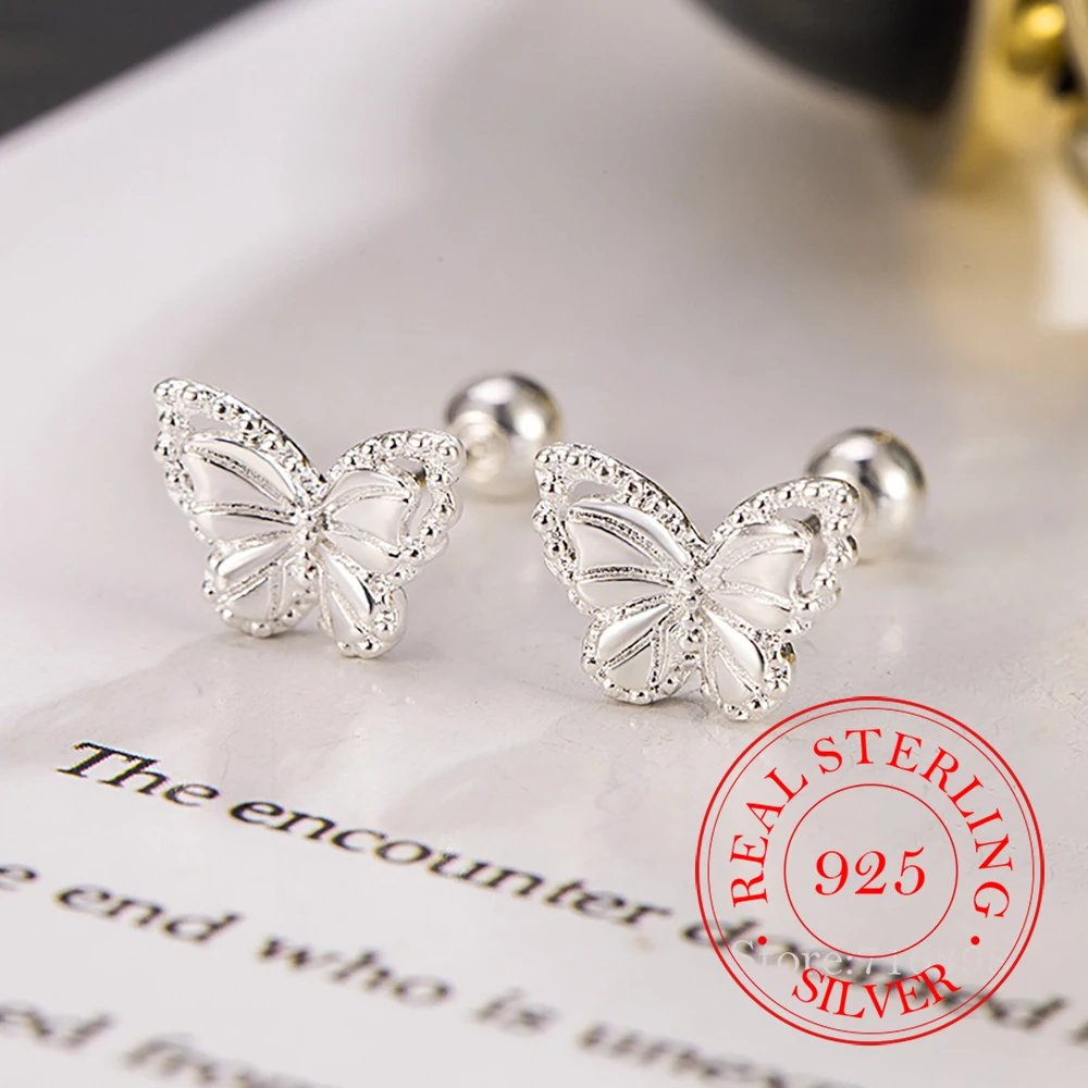 Pendientes de tuerca de mariposa de cristal de Plata de Ley 925 con dinero Real para Mujer, joyería para fiesta y boda, regalo, Pendientes de Mujer de Moda