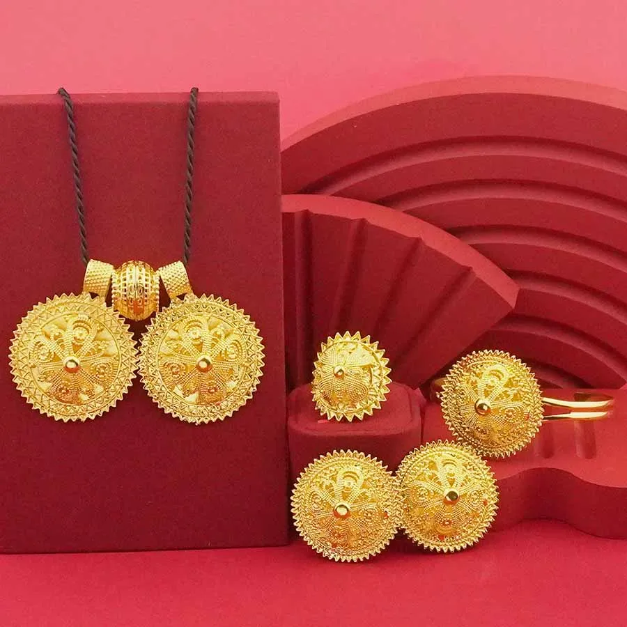 

Classic 24K gold-plated jewelry necklace, bracelet, ring, earring flower design women's Habesha wedding gift Ethiopia set