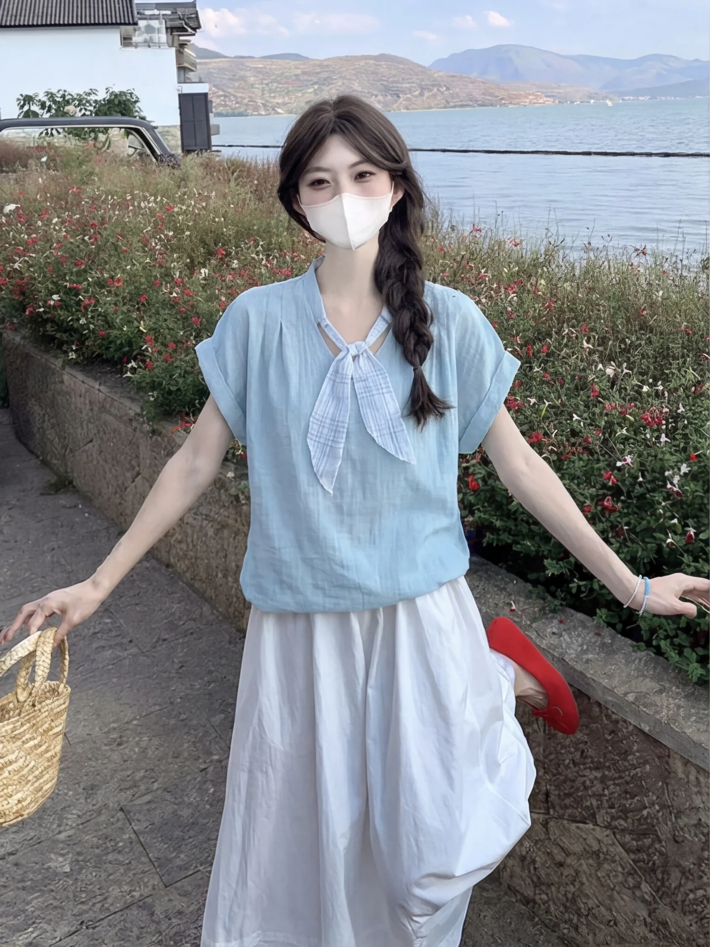 

Blue Silk Scarf Short Sleeve Shirt Women Summer Sweet Youth Loose Slimming Ice Silk Cotton Linen Top Korean Style V-neck City...