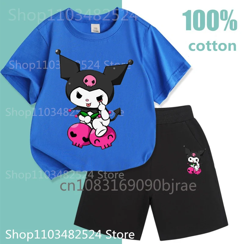 Cute Casual Kids Sanrio Family Kulomi Pattern Print T-shirt 100% Cotton Sets Fashion Boys O-Neck Short Sleeve Girls Sets Summer