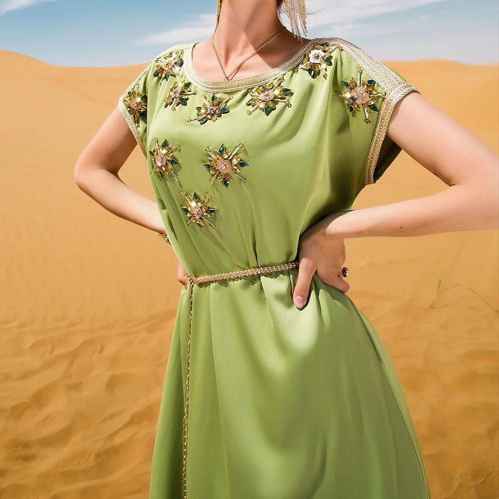

UNI Satin Elegant Long Dress Pure Handwork Rhinestone Chic Solid Short Sleeve O-Neck Belted Clothing Muslim Summer Evening gown
