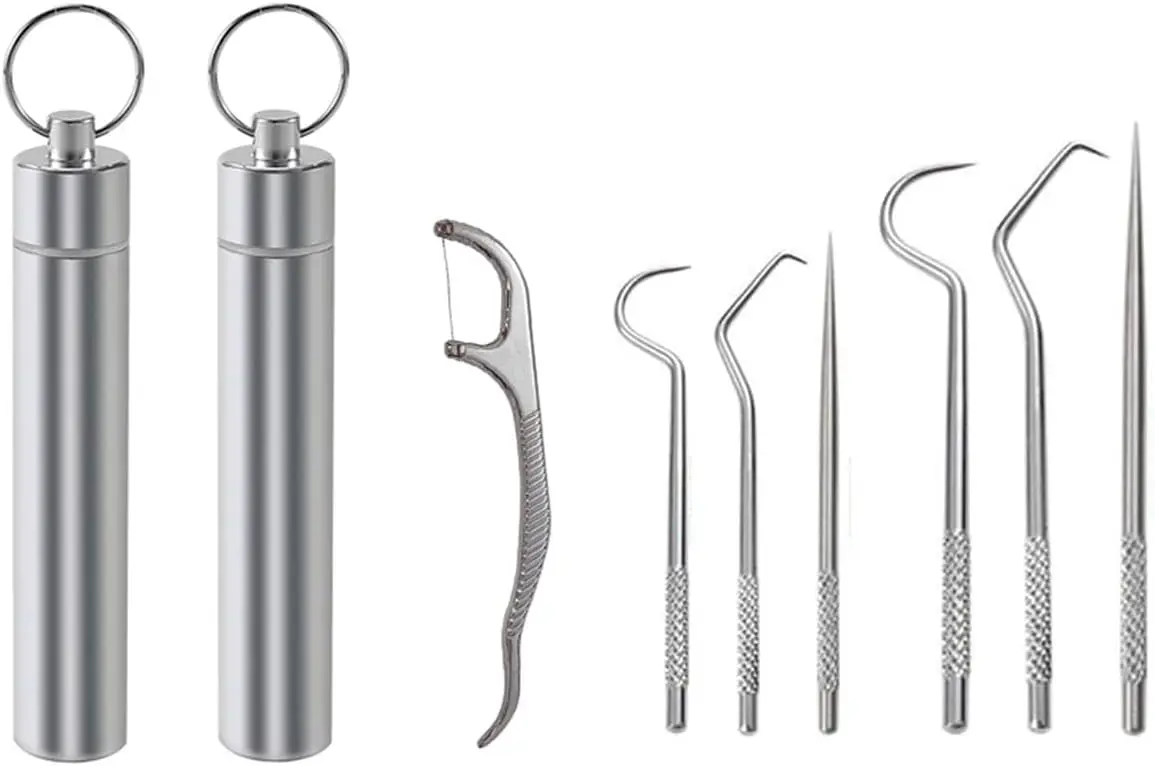 

Набор из 7 портативных зубочисток из нержавеющей стали с держателем для путешествий, кемпинга и использования на открытом воздухе