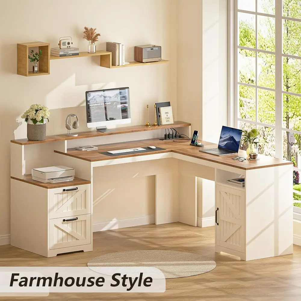 63" Farmhouse L Shaped Executive Desk with Drawers & Storage Shelf, Corner Computer Desk with Power Outlets, L Shape，Customized