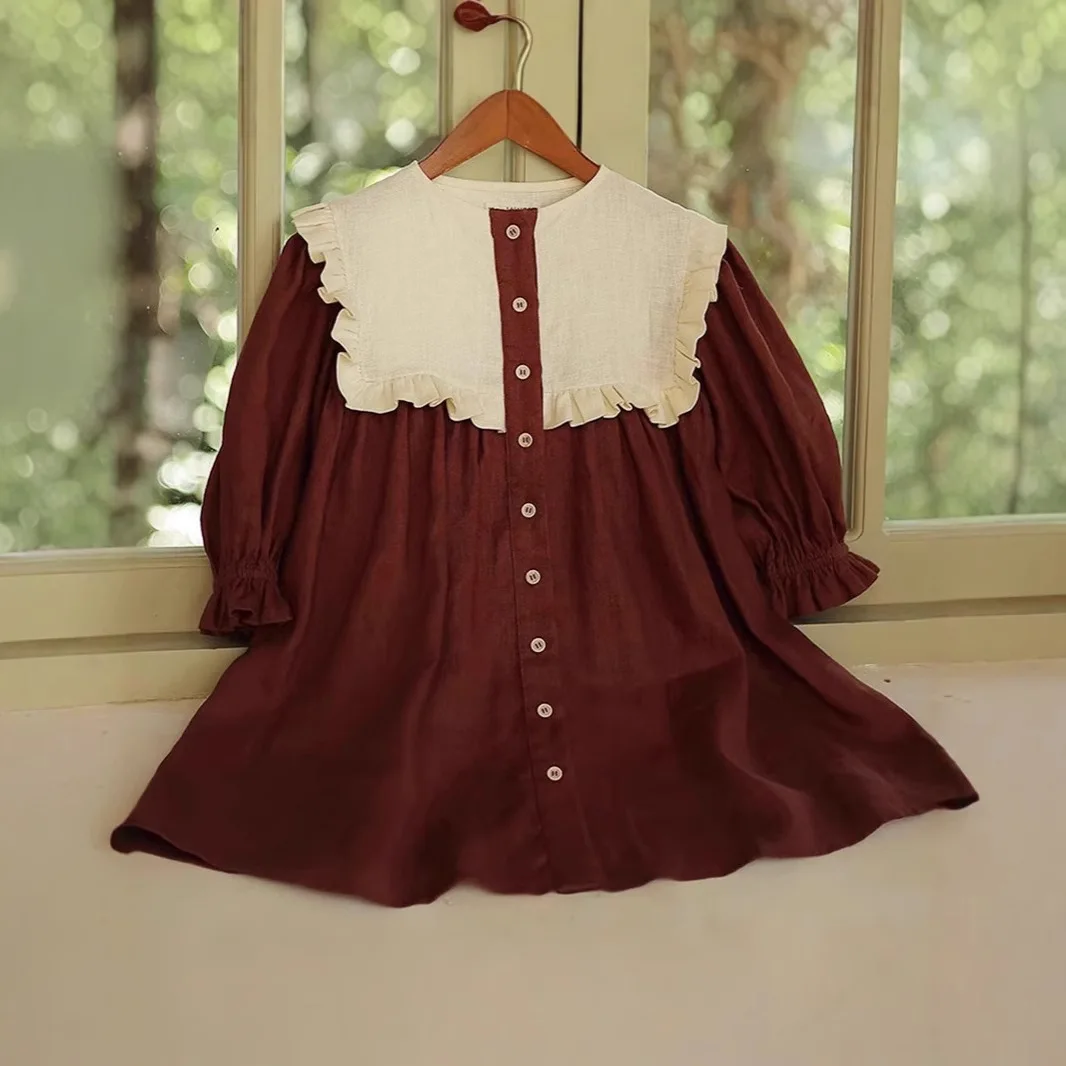 

2025 Autumn New Girls Long Sleeve Dress Solid Toddler Clothes Baby Girl Princess Dress Cotton Kids Single Breasted Dress
