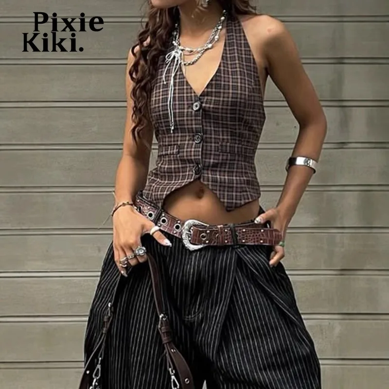 PixieKiki منقوشة طباعة العميق الخامس الرقبة المحاصيل القمم الشارع الشهير مثير الملابس للنساء Y2k سترة عارية الذراعين الرسن الأعلى P84-CH12