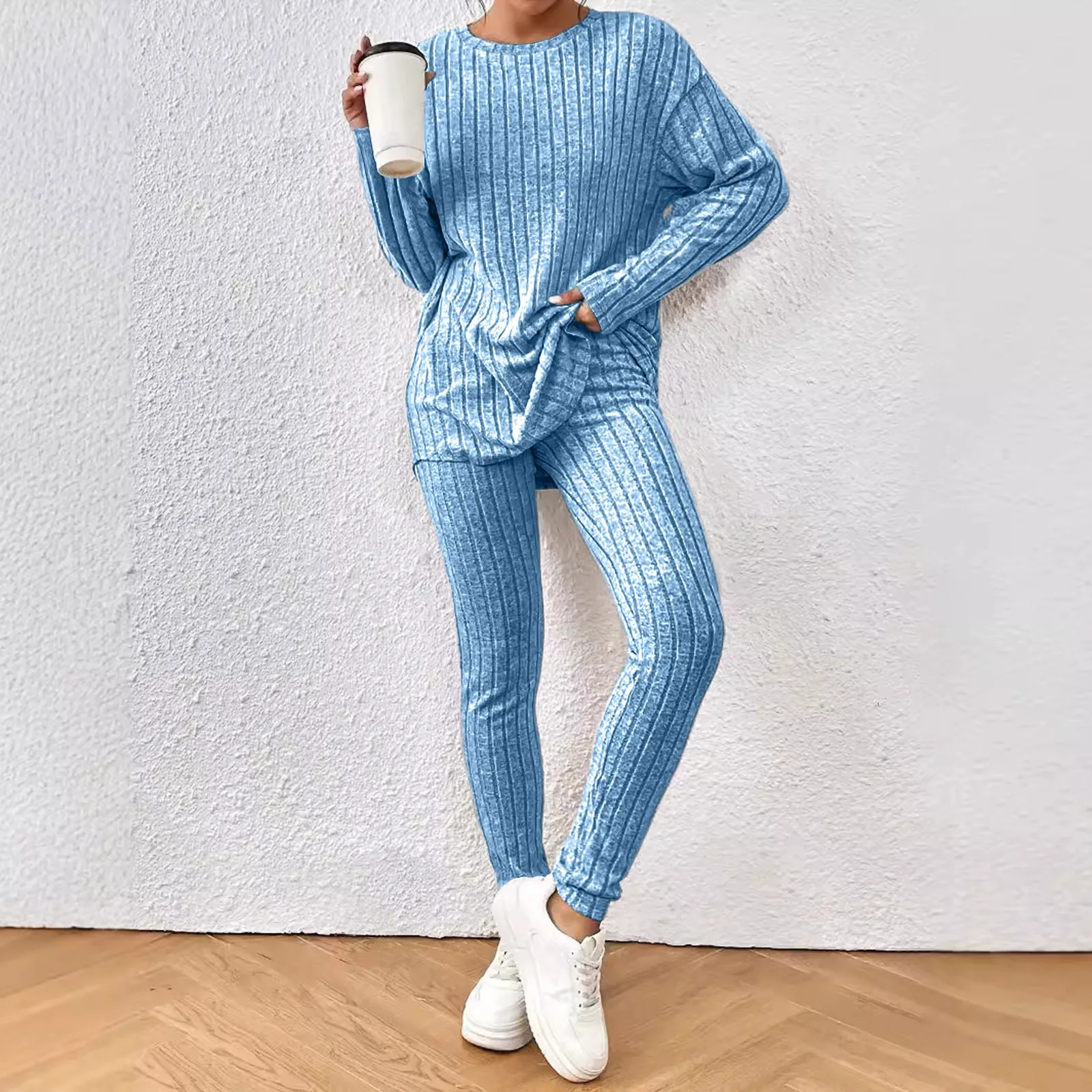 

Sexy Slim Women Suits 2025 Fashion High Waist Rib Knit Long Pants Set Casual Round Neck Pullover 2 Piece Sets Women Outfit