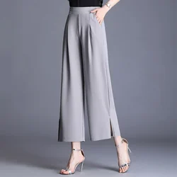 Pantalones de pierna ancha con estampado fino para mujer, Capris sueltos con bolsillo coreano, cintura alta elástica, flor fragmentada, moda de verano, novedad