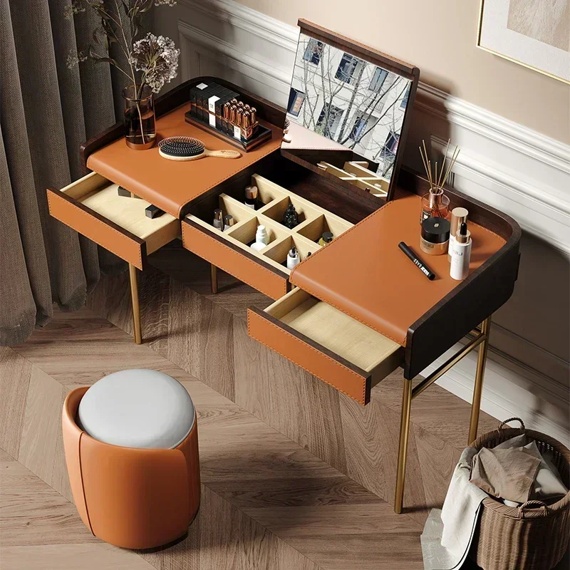 Dresser flip, Italian leather high-end dresser wind solid wood celebrity bedroom makeup table