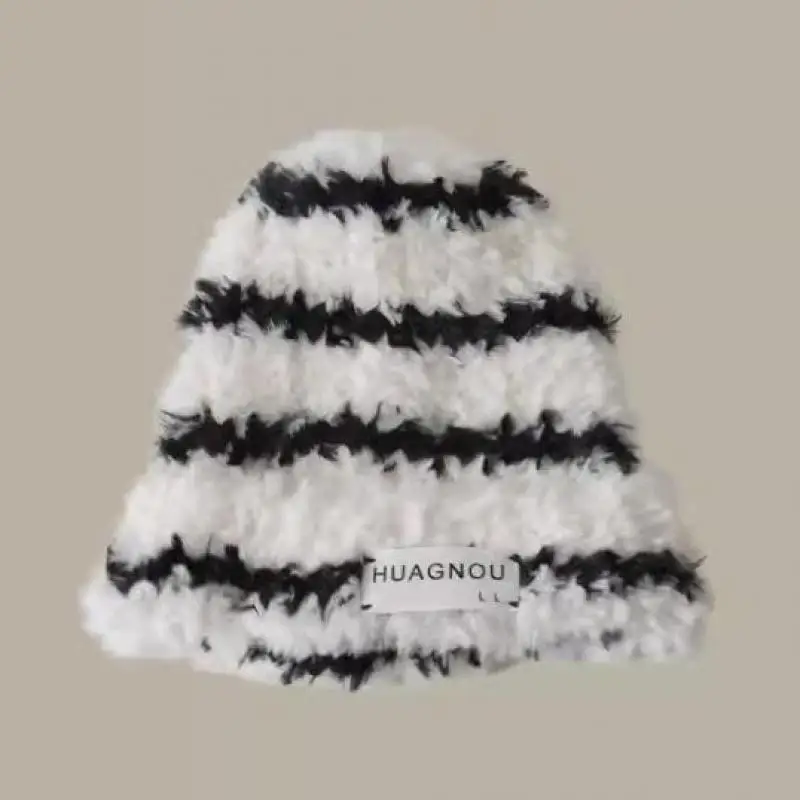 

Winter Hat Women Striped Knitted Thickened Faux Fur Ear Protection Beanies Cold Cap Keep Warm Casual Outdoor New Soft