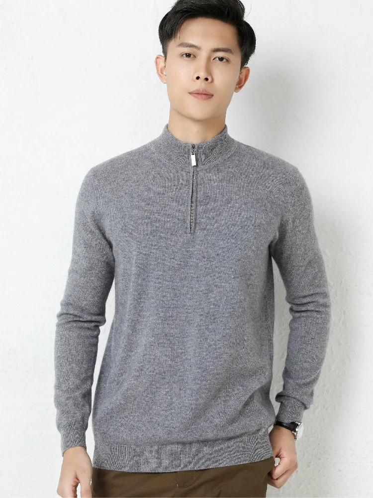

Роскошный мужской свитер из 100% кашемира с полумолнией и воротником-стойкой, пуловер на осень-зиму, плотный трикотаж, умный повседневный топ из кожи