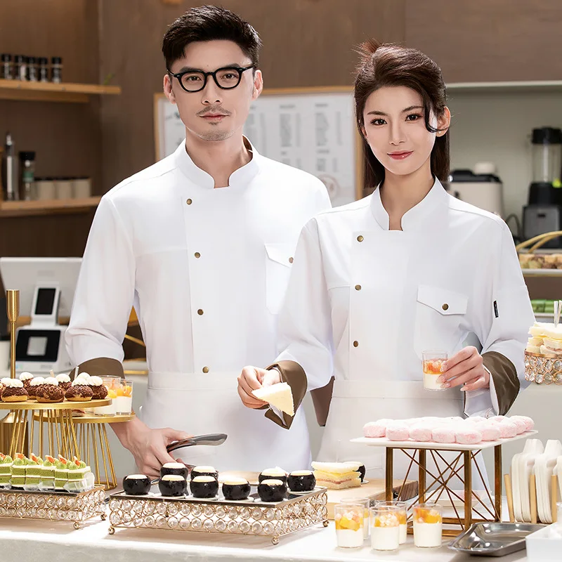 

Новая модель рабочей одежды для поваров с карманами, мужская, с длинными рукавами, утепленная, дышащая, для осени и зимы, подходит для отелей.