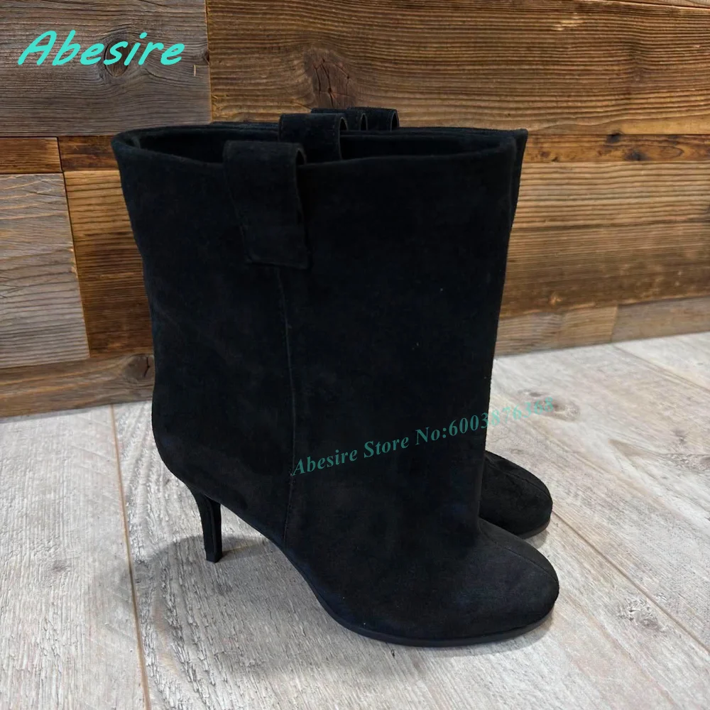 Retro Winter Daily Office Fashion Ladies Shoes Brown Suede Slip On Ankle Boots Round Toe Thin Heels Elegant Women's Boots