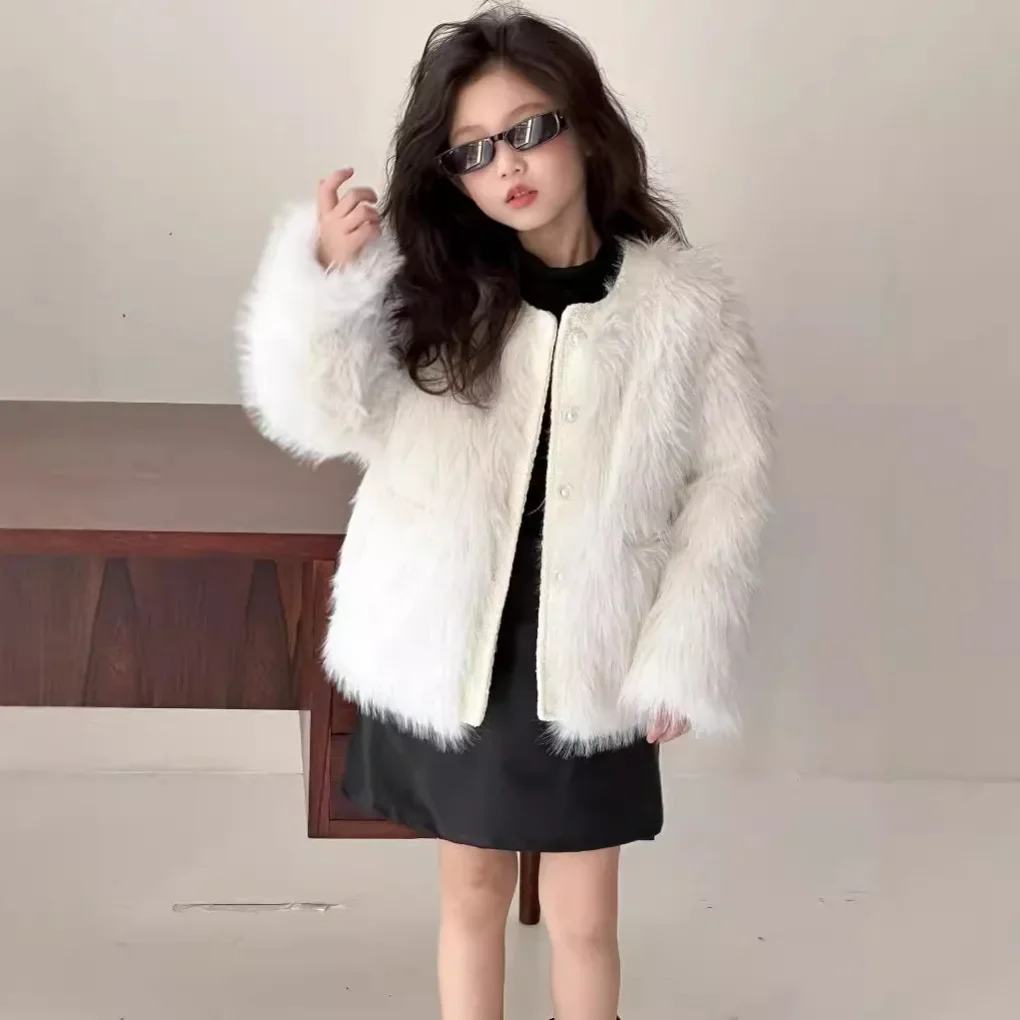 Girls Coat Children 2024 Winter Girl Fox Fur Female Treasure Splicing Cotton Wool Coat Temperament Korean Simple Style Clothes