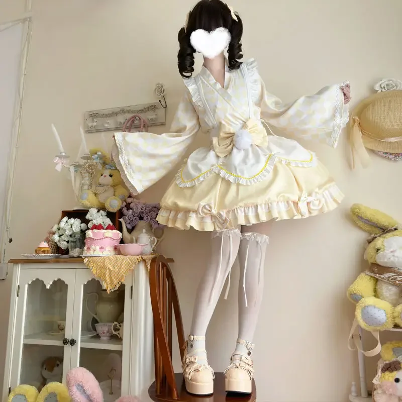 Kawaii Cute Lolita Yellow Maid Dress Japanese Sweet Women Dress Role Play Costume Halloween Party Cosplay Anime Kawaii Clothing