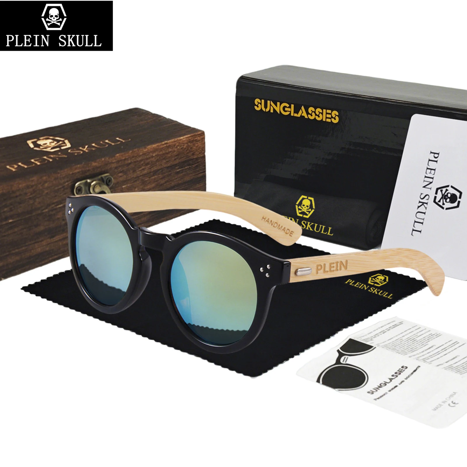 

Деревянные солнцезащитные очки Plein Skull, классические круглые мужские и женские очки, бамбуковые солнцезащитные очки в стиле ретро UV400, люксовый бренд, очки ручной работы