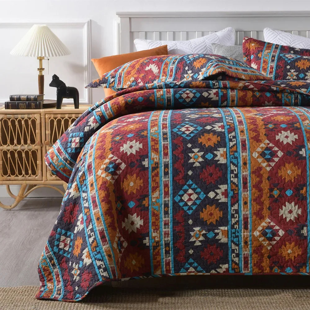 

Bohemia Printed Cotton Quilt Set 3PC Bedspread on the Bed Queen Size Coverlet Quilted Blanket for Bed Summer Comforter