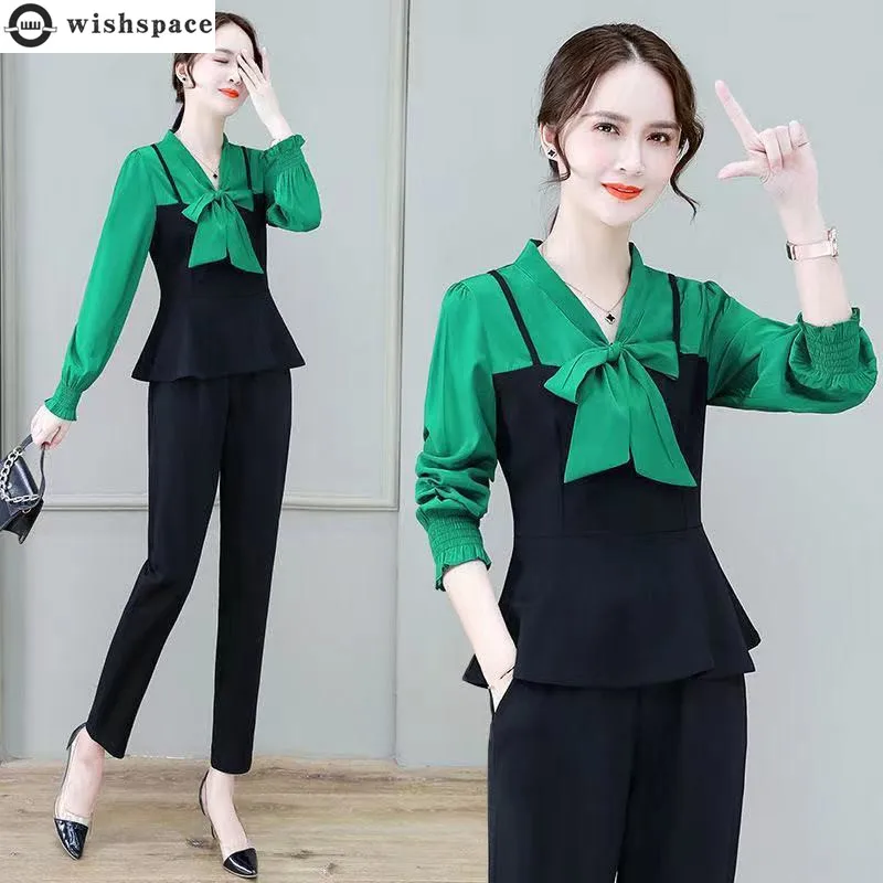 

2022 Summer New Korean Popular Bow Stitched Long Sleeved Chiffon Shirt Casual Trousers Two Piece Elegant Women's Pants Set