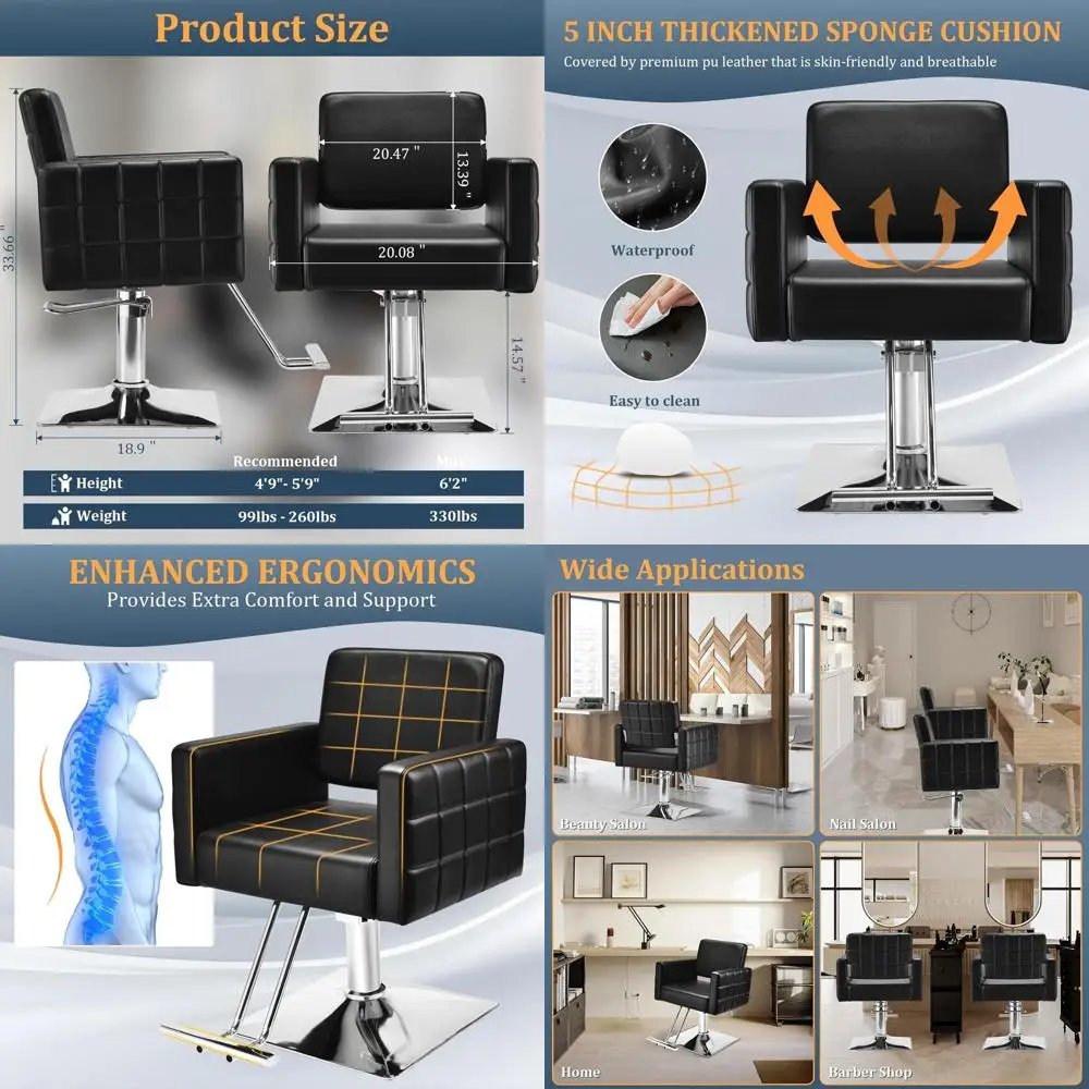 

Heavy-Duty Hydraulic Barber Chair, 360° Swivel, Load Capacity 330 lbs, Leather with Armrests, Spa and Styling Features (Black)