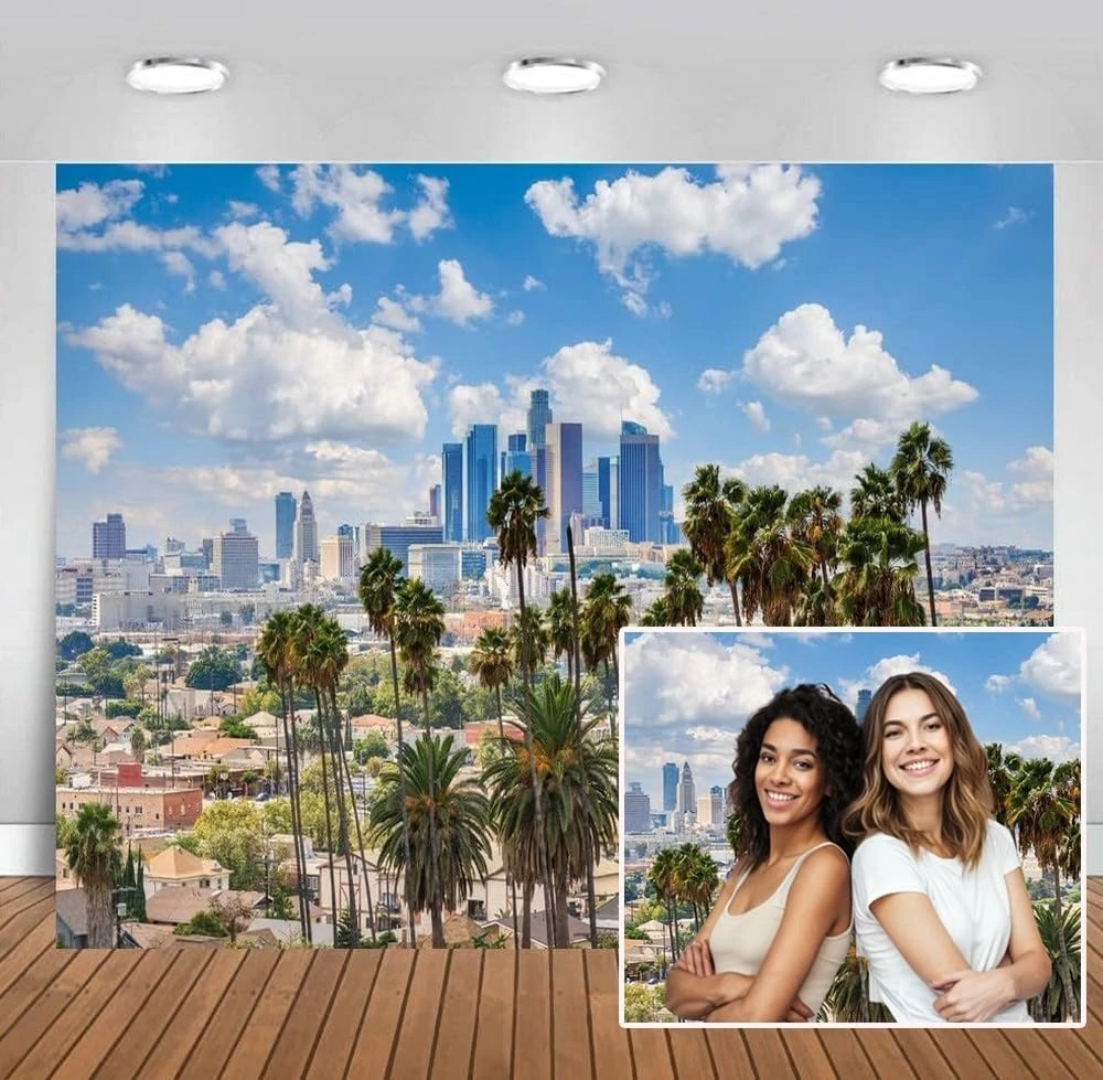 Fondos de paisaje de palmeras Skyline de la ciudad de Los Ángeles, fondos de estudio de fotografía escénica con impresión por ordenador de alta calidad