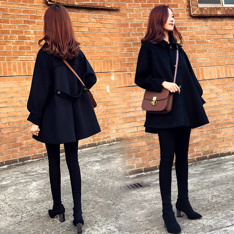 

Black Cloak Woollen Jackets Females' Autumn Winter 2022 Long Causal Tweed Students Thickened Trench Coats Single-breasted Coat