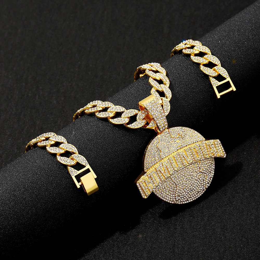 Hip Hop RT MUNDIAL Pendants Necklace With 15mm Cuban Link Chain Bling Rhinestone Necklaces For Men's Women Rapper Charm Jewelry