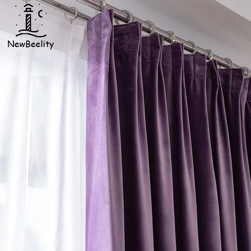 Nordic Curtains for Living Dining Room Bedroom Light Luxury Velvet European Style Purple Solid Color Window Custom Made Cortain