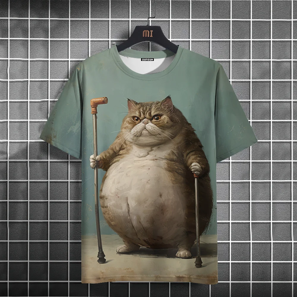 Funny Men's T-Shirt Animal Fat Cat Printed T-Shirts Casual Loose Short Sleeved Tee Oversized Men Clothing Tops Summer Streetwear image 3