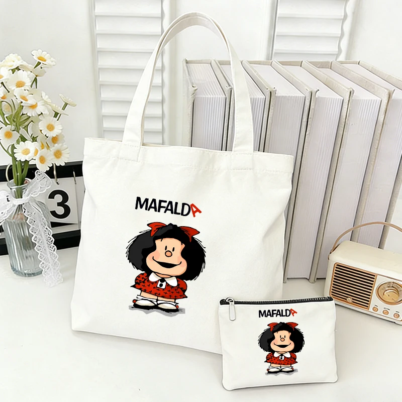 MAFALDA Bolso de mano para mujer, monedero, 2 piezas, bolso de lona para compras, cartera, bolso de hombro para mujer, regalo para mujer