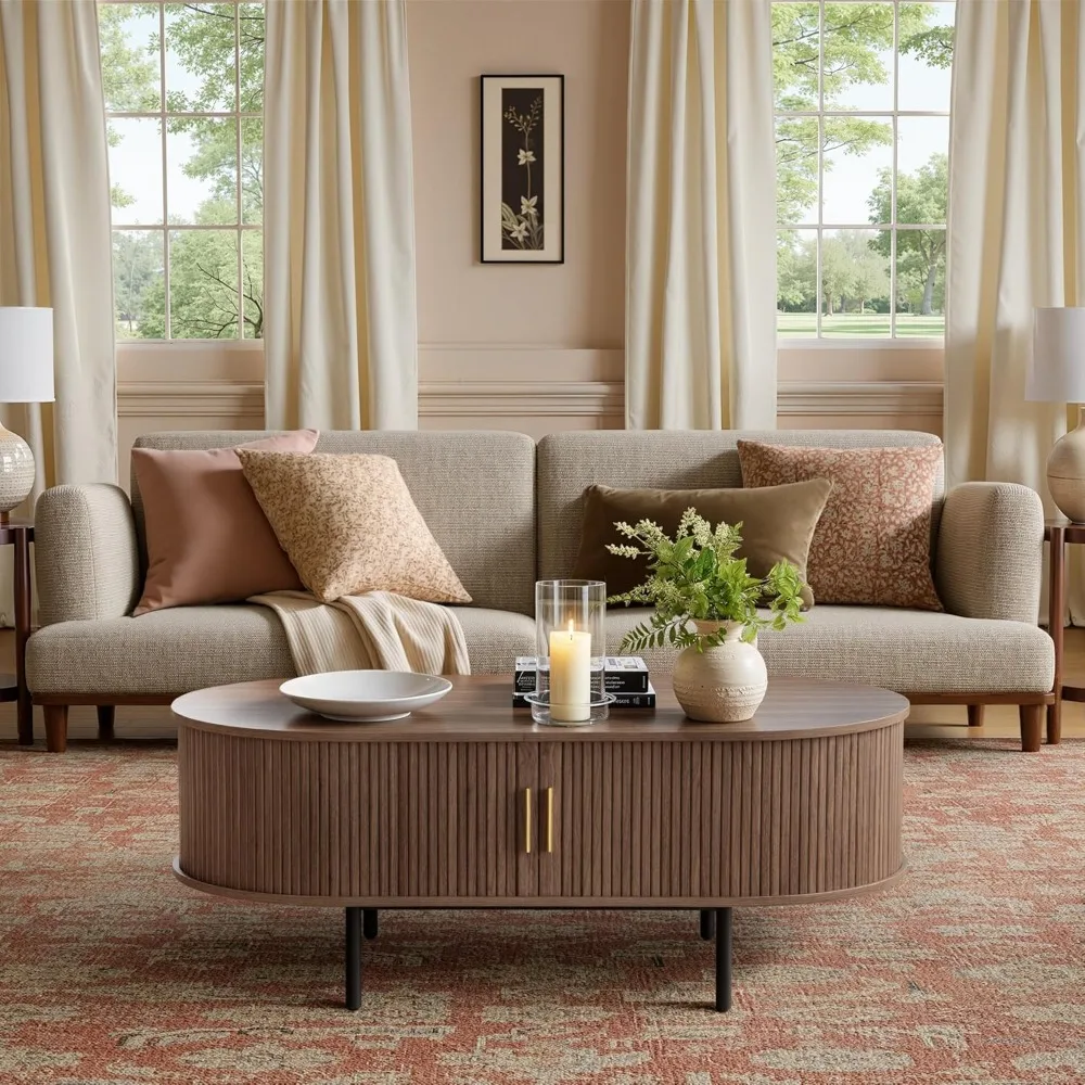 ミッドセンチュリーモダンな楕円形コーヒーテーブル、収納と引き戸付き、ミニマリストデザインの木製ティーテーブル