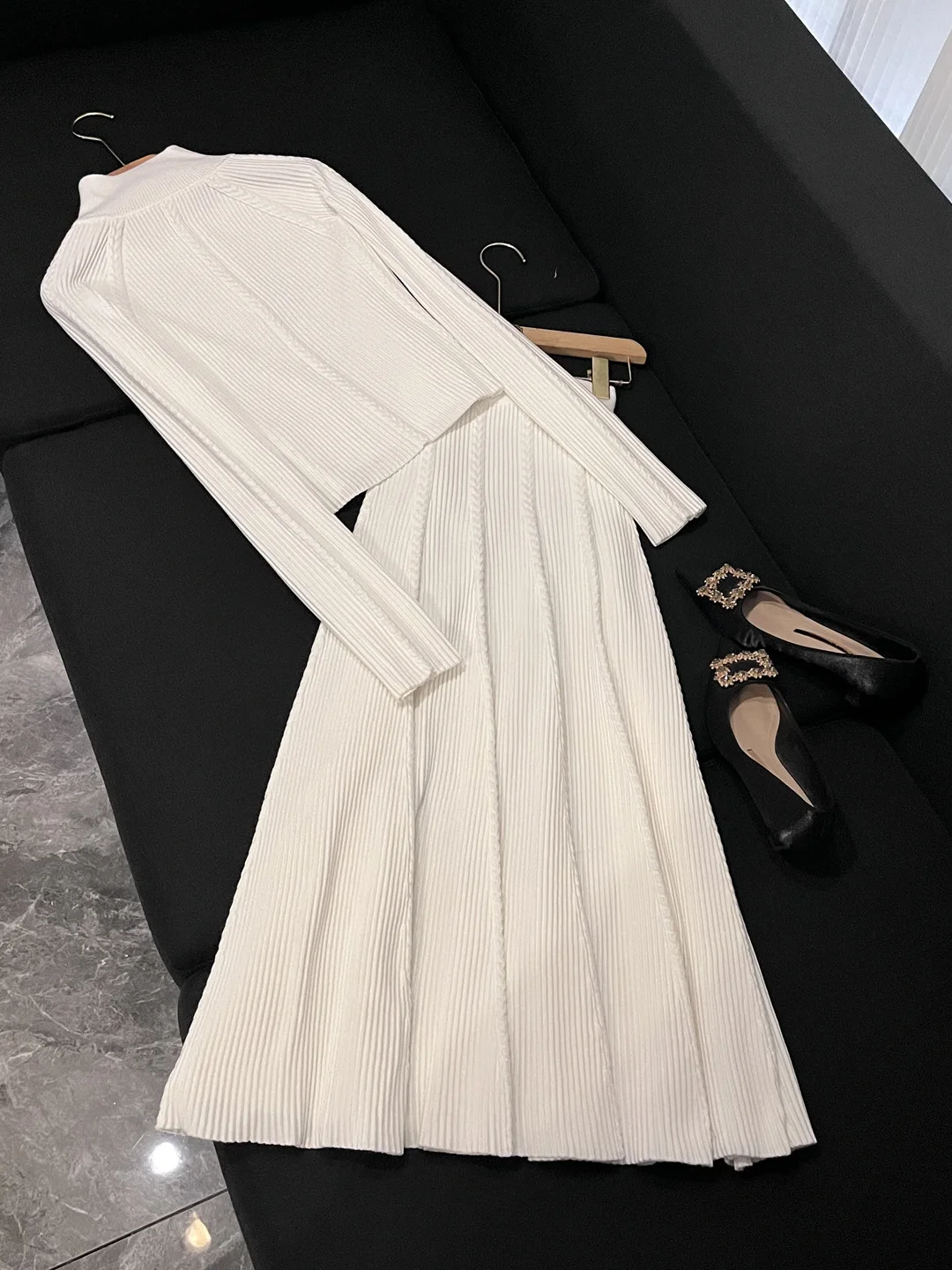 أبيض عالي الخصر طويل Sve محبوك بلوزات و f تنورة مجموعة الخريف الشتاء جولة Ne سستة تصميم Faionable المرأة فرقة #2