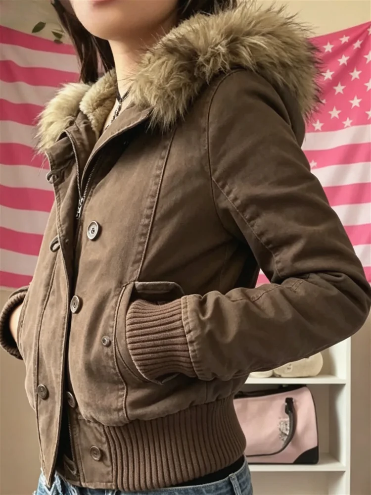 Winter Warm Windproof Faux Fur Hood Parka Women Loose Thick Cotton Padded Coat Casual Daily Outdoor Street Fashion Outer Tops