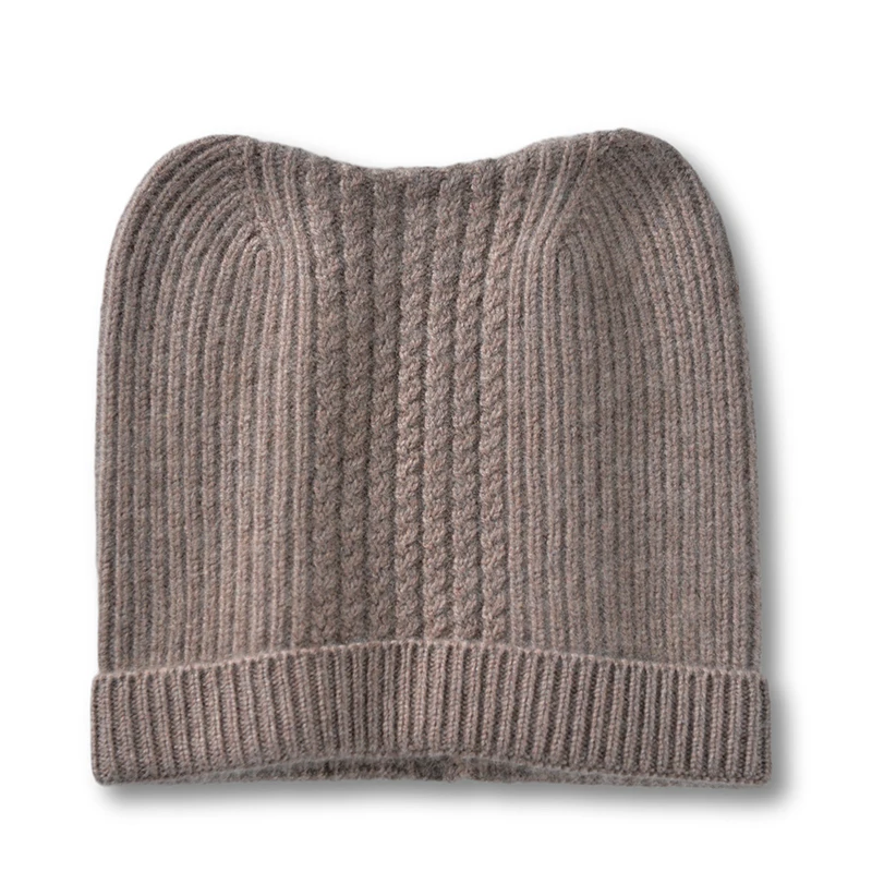 

100% утолщенная кашемировая вязаная шапка с кошачьими ушками иглами для женщин, утолщенная толстовка с фланцем и витым цветком, ветрозащитная шерстяная холодная шапка