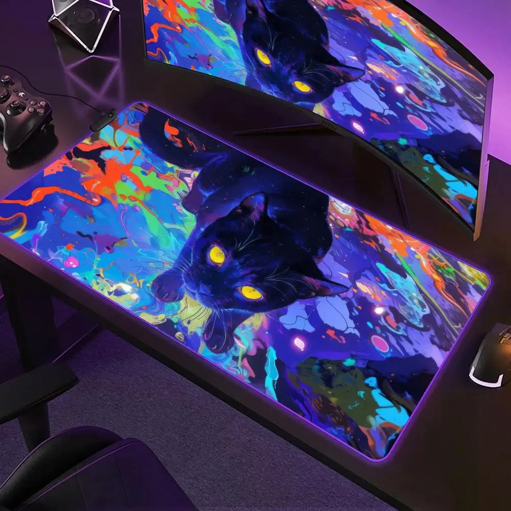 

Акварельный черный кот RGB игровой коврик для мыши настольный коврик HD аксессуары для геймеров большой светодиодный коврик для мыши ПК компьютерный ковер с подсветкой