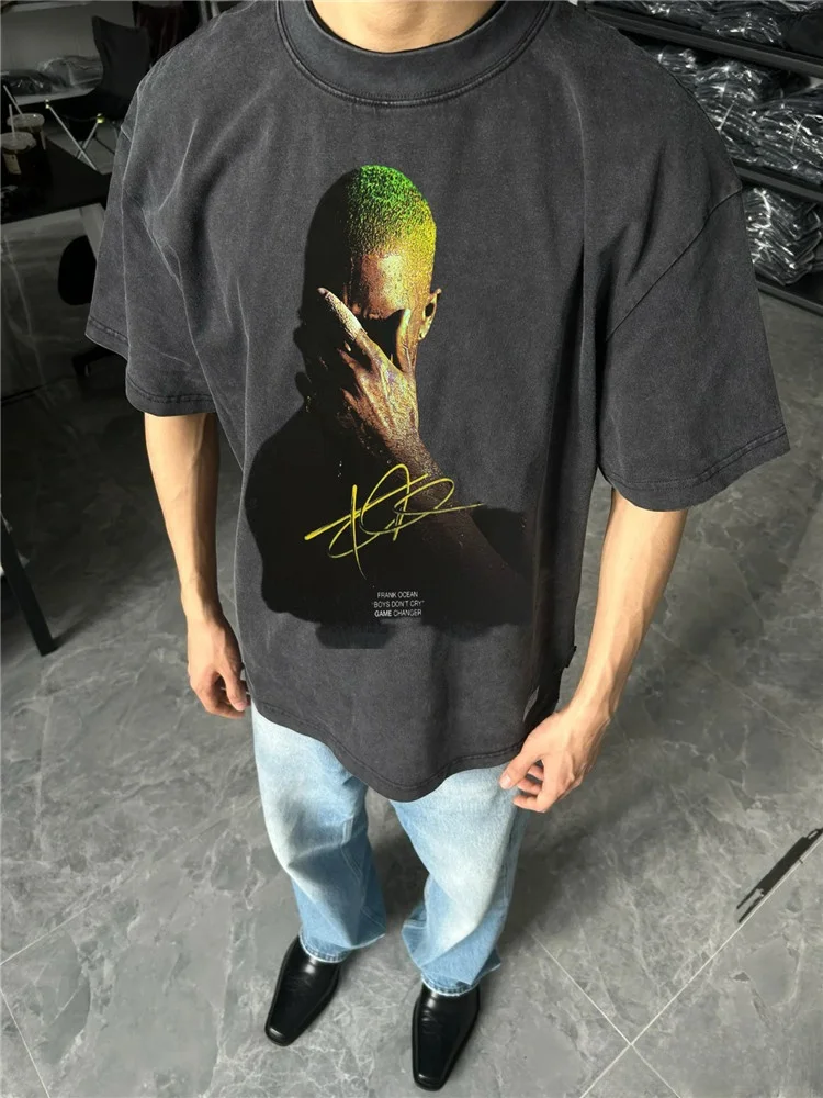 

Retro Washed Short Sleeve T-Shirt Unisex Vintage Print Portrait Design Cotton Hip Hop Style Breathable Summer Casual Tee