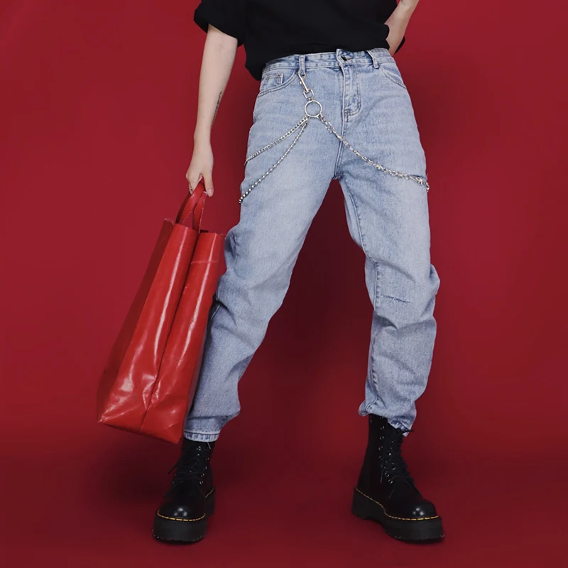 

Retro Waed Loose Straight Leg Slimming Jeans Casual Versatile High Waist Mid-Length Blue Denim Cut-Outs for Young Women