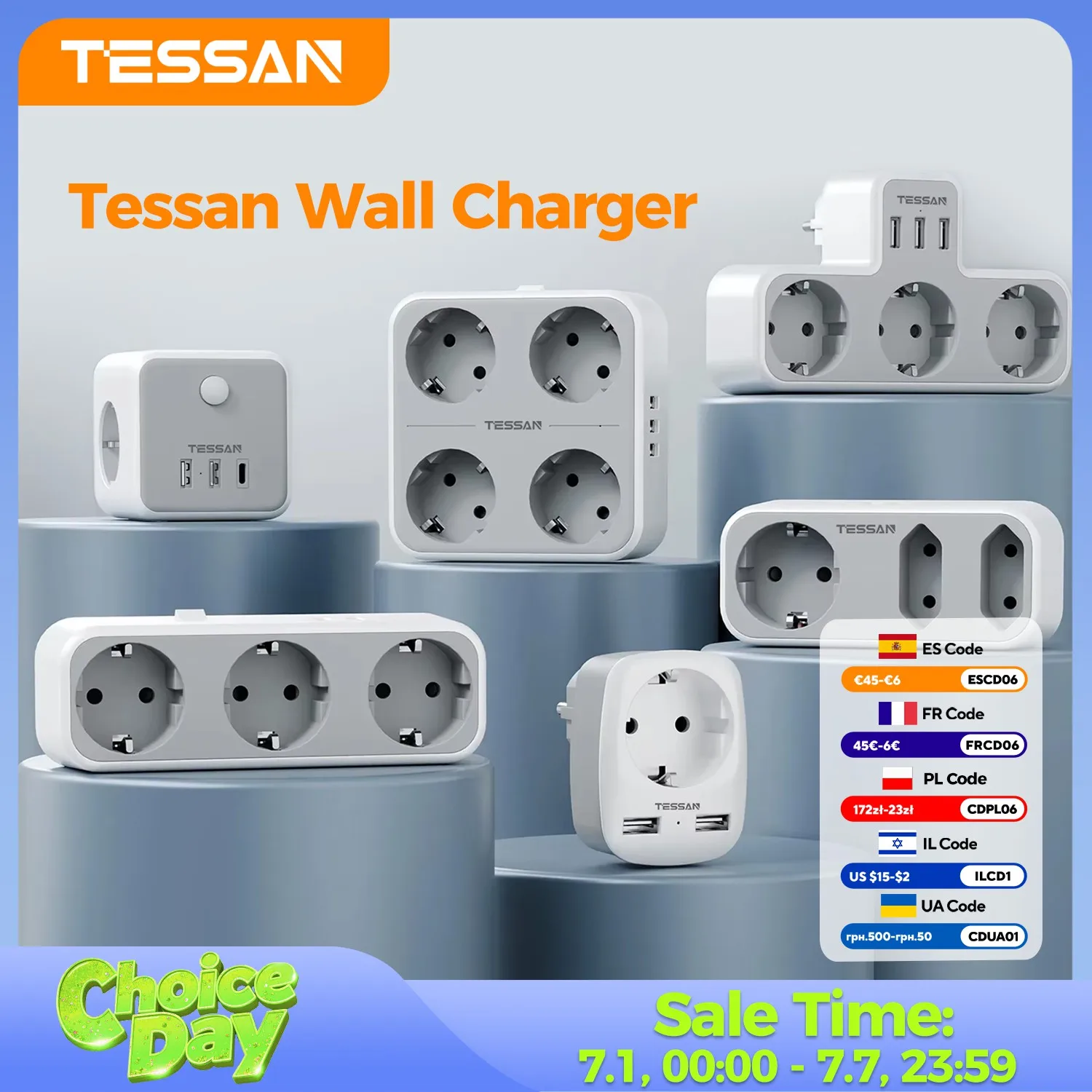 TESSAN-regleta de enchufe europeo con tomas de CA y puertos de carga USB, adaptador de enchufe de pared múltiple para el hogar y la Oficina