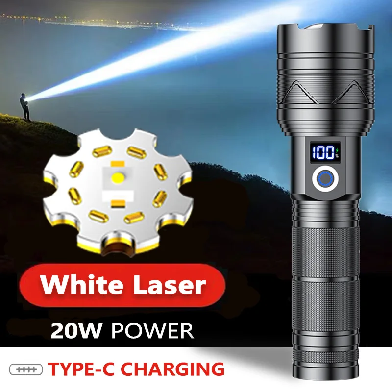 New Super Long Range Flashlight Strong Light Outdoor Portable Charging LED Zoom Digital Display 20W White Laser Searchlight